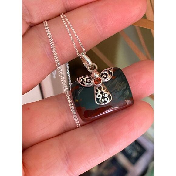 Bloodstone & Garnet Sterling Silver Angel Necklace - Picture 6 of 7